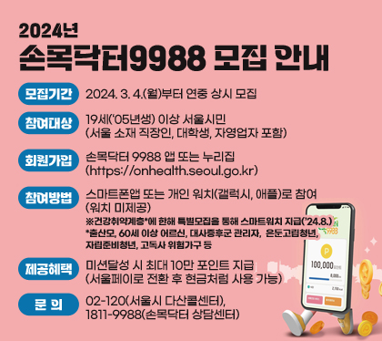 2024년 손목닥터9988 모집 안내
모집기간 : 2024. 3. 4.(월)부터 연중 상시 모집
참여대상 : 19세(‘05년생) 이상 서울시민 (서울 소재 직장인, 대학생, 자영업자 포함)
회원가입 : 손목닥터 9988 앱 또는 누리집 (https://onhealth.seoul.go.kr)
참여방법 : 스마트폰앱 또는 개인 워치(갤럭시, 애플)로 참여 (워치 미제공) ※건강취약계층*에 한해 특별모집을 통해 스마트워치 지급(’24.8.) *출산모, 60세 이상 어르신, 대사증후군 관리자,    은둔고립청년, 자립준비청년, 고독사 위험가구 등
제공혜택 : 미션달성 시 최대 10만 포인트 지급 (서울페이로 전환 후 현금처럼 사용 가능)
 문의 : 02-120(서울시 다산콜센터), 1811-9988(손목닥터 상담센터)